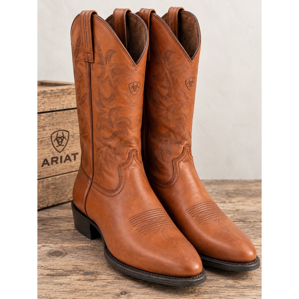 Ariat Heritage R Toe Men's 12 EE Wide Cognac Leather Western Cowboy Boots